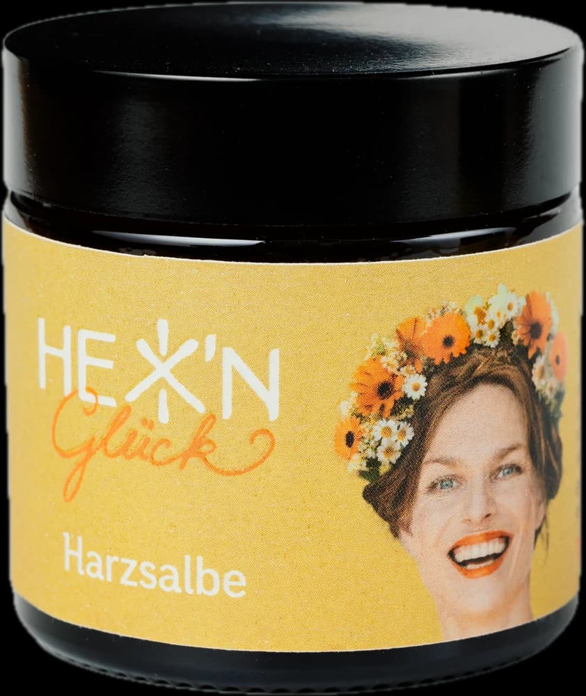HexnGlück Harzsalbe im 60-ml-Glas mit Arianes Porträt auf dem Etikett