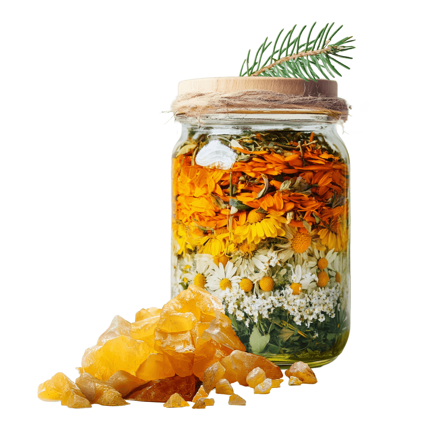 Glas mit geschichteten Kräutern der Harzsalbe — Ringelblume, Kamille, Schafgarbe — daneben Fichtenharz